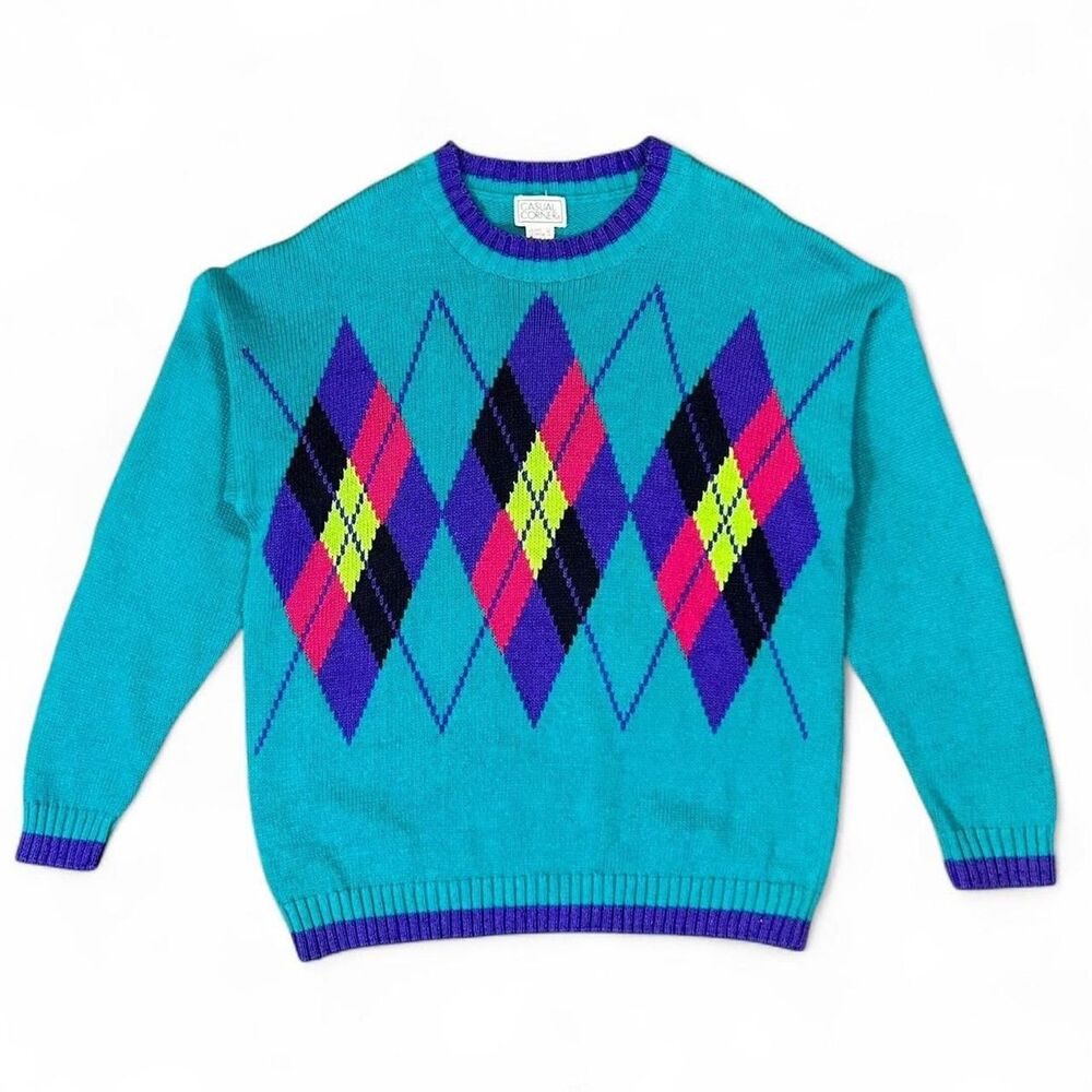 Vintage 80s Casual Corner Neon Argyle Knit Sweater Sz Large
